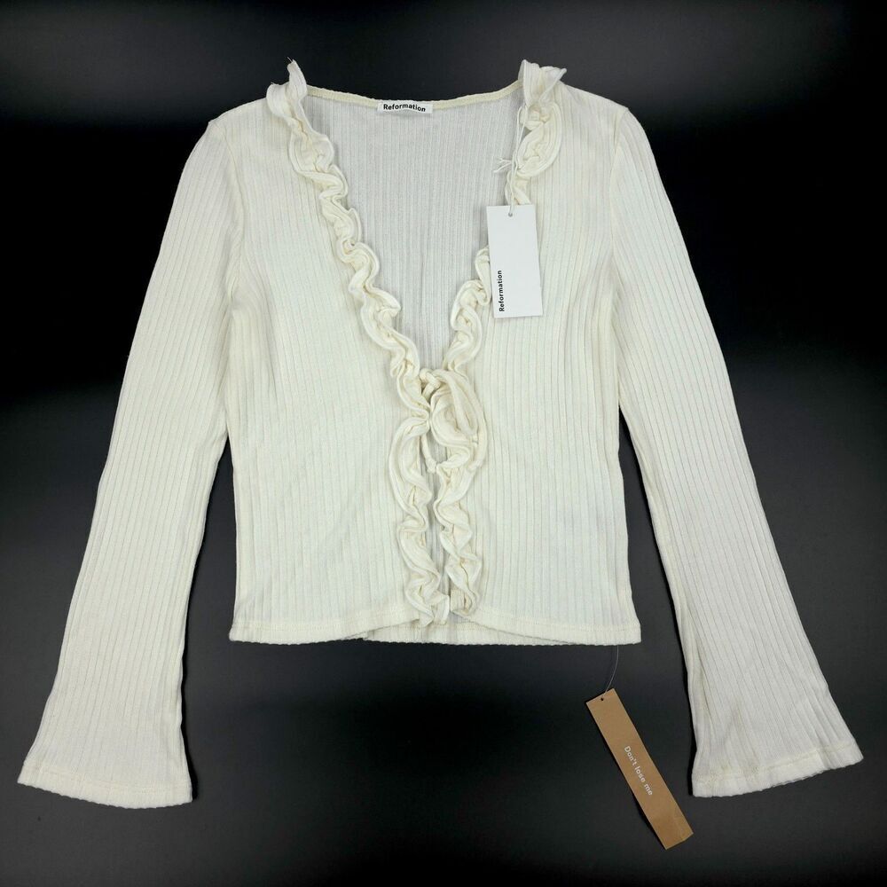 NWT Reformation Gellar Ruffle Knit Top Ivory Ribbed Cardigan Soft Girl Coquette